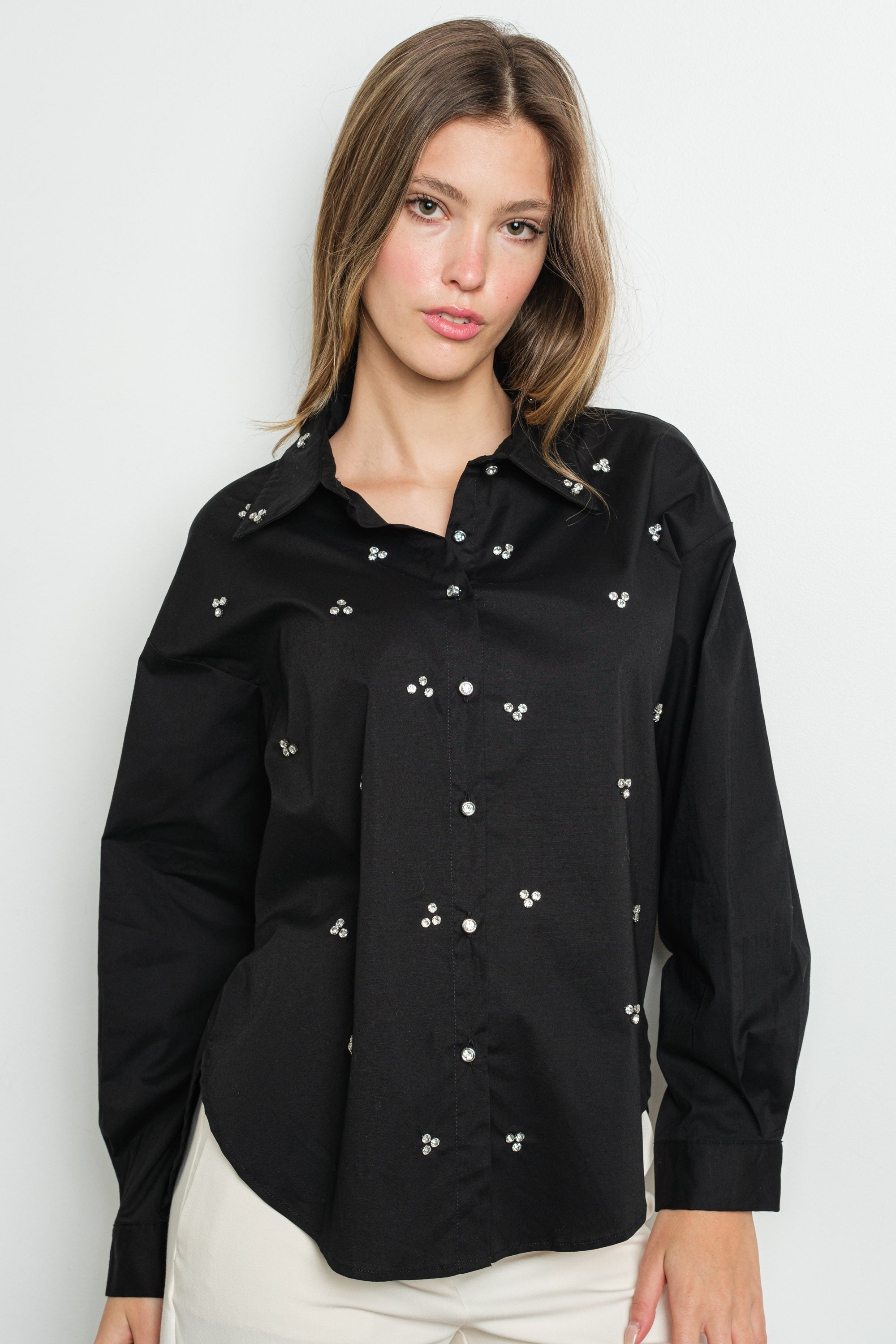 RHINESTONE CLUSTERS LONG SLEEVE SHIRT