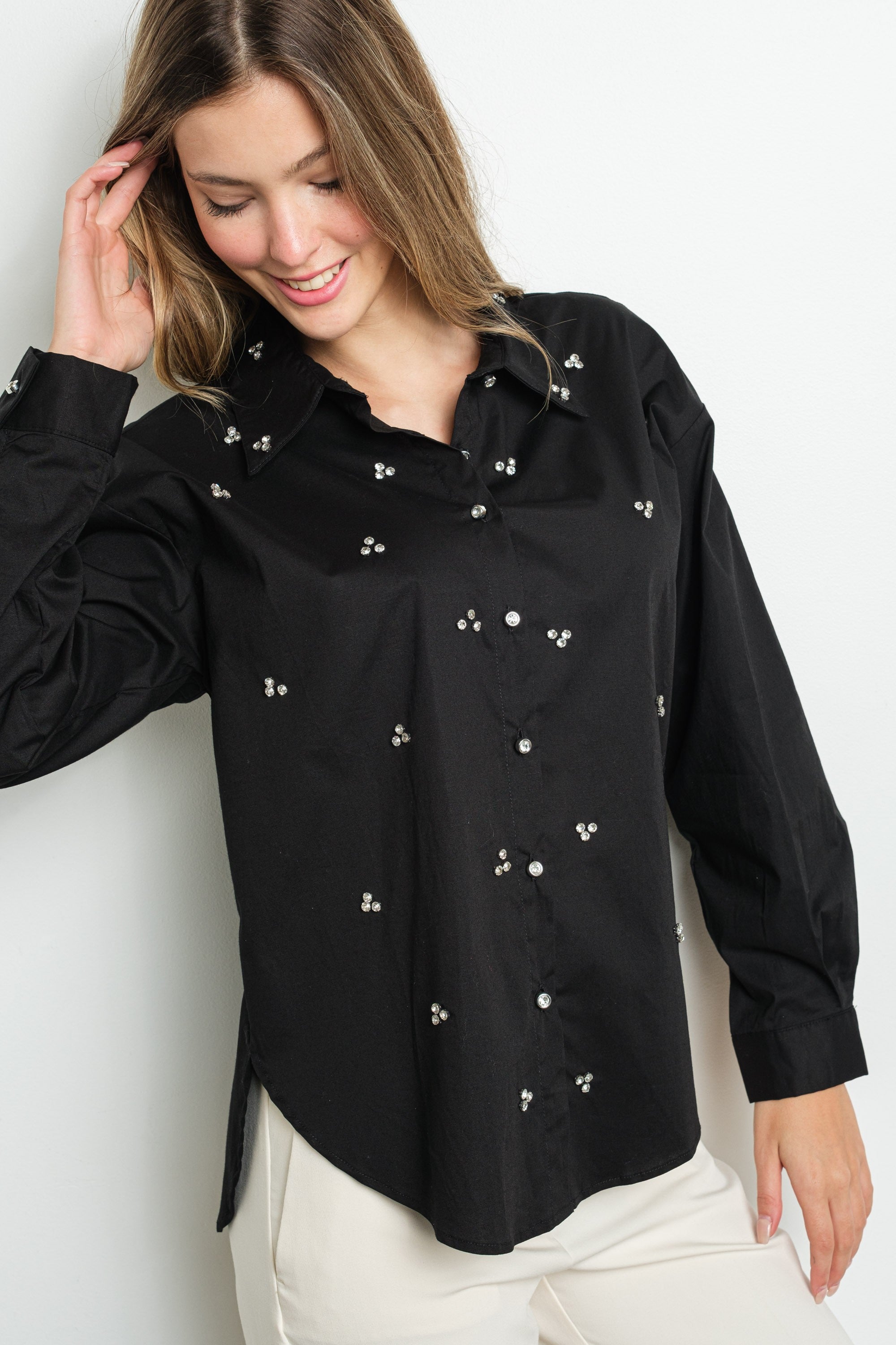 RHINESTONE CLUSTERS LONG SLEEVE SHIRT