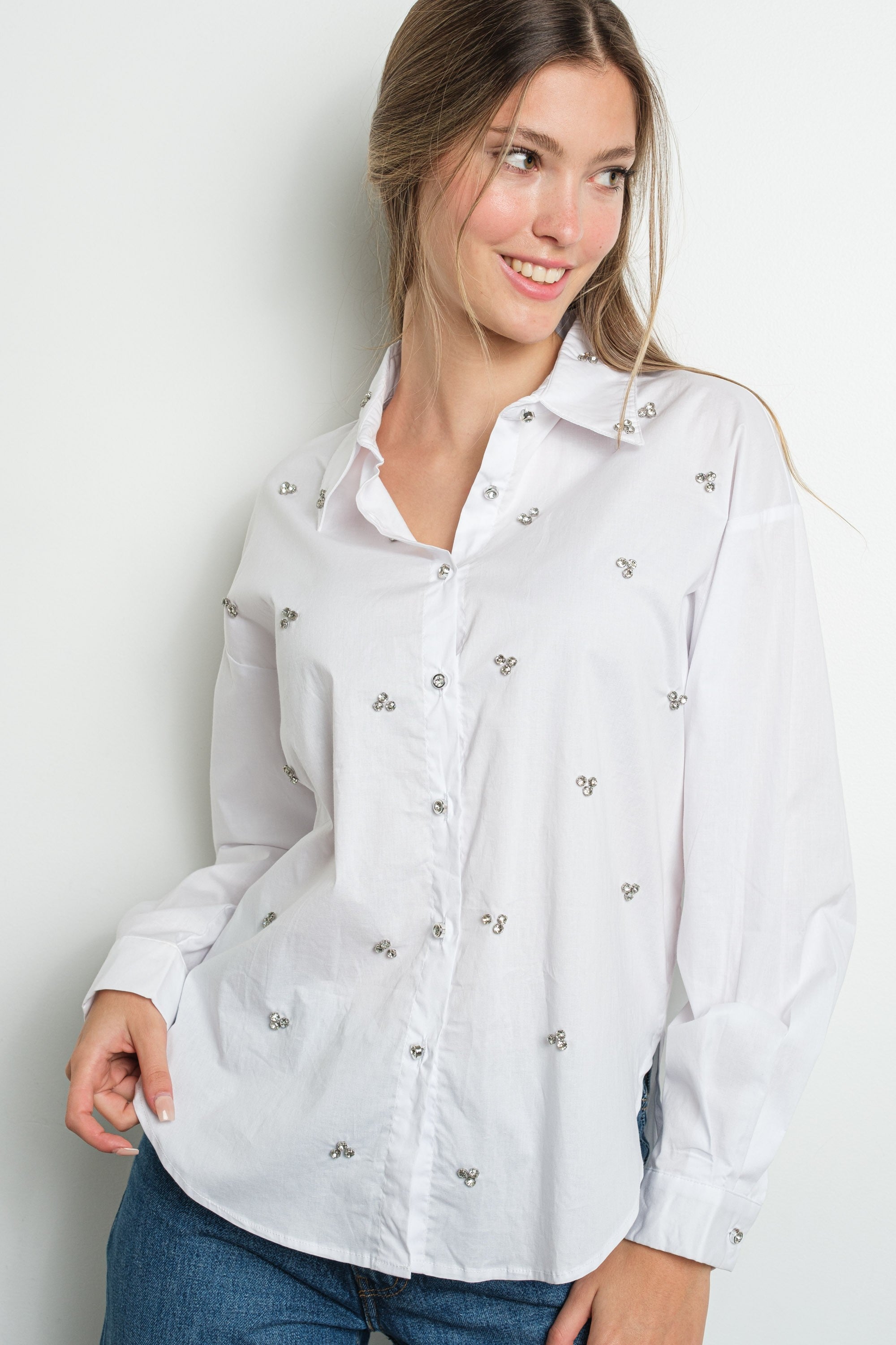 RHINESTONE CLUSTERS LONG SLEEVE SHIRT