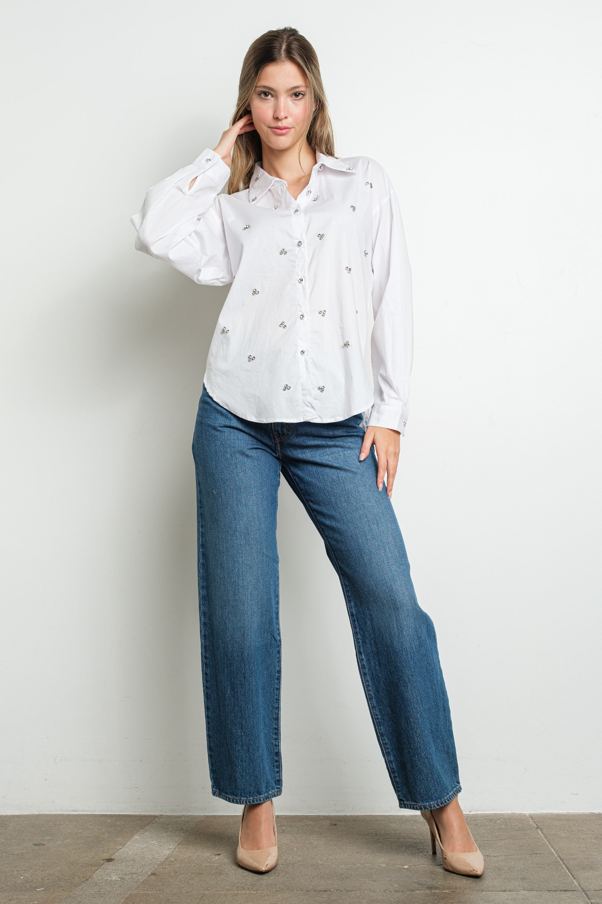 RHINESTONE CLUSTERS LONG SLEEVE SHIRT