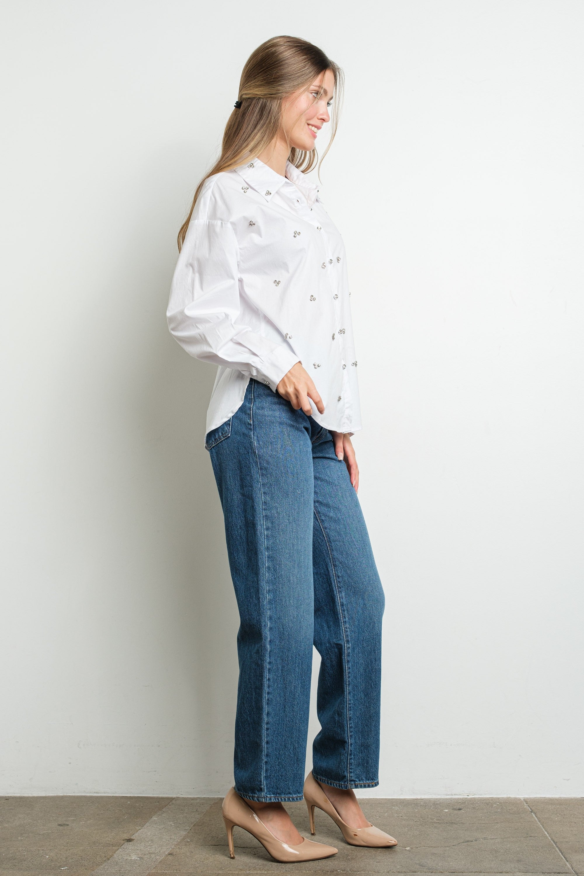 RHINESTONE CLUSTERS LONG SLEEVE SHIRT