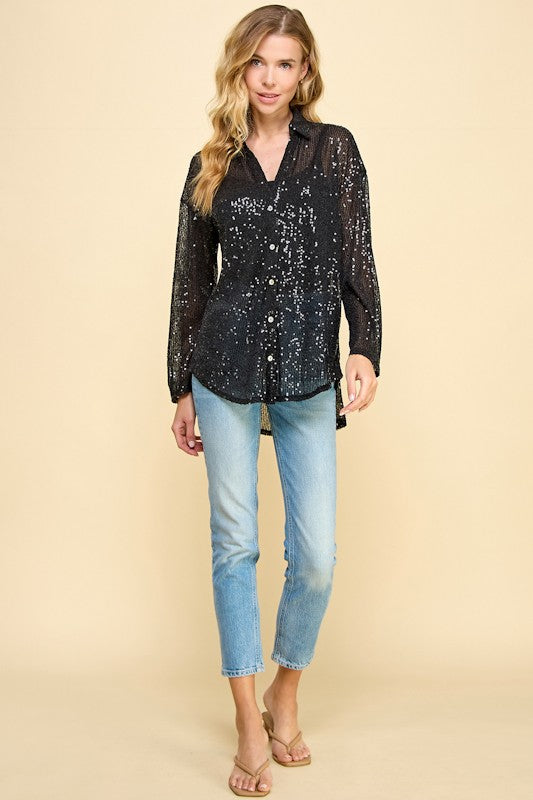 SEQUIN V-NECK BUTTON DOWN SHIRT