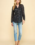 SEQUIN V-NECK BUTTON DOWN SHIRT