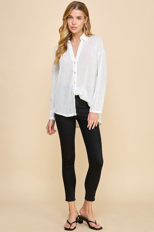 SEQUIN V-NECKV BUTTON DOWN SHIRT
