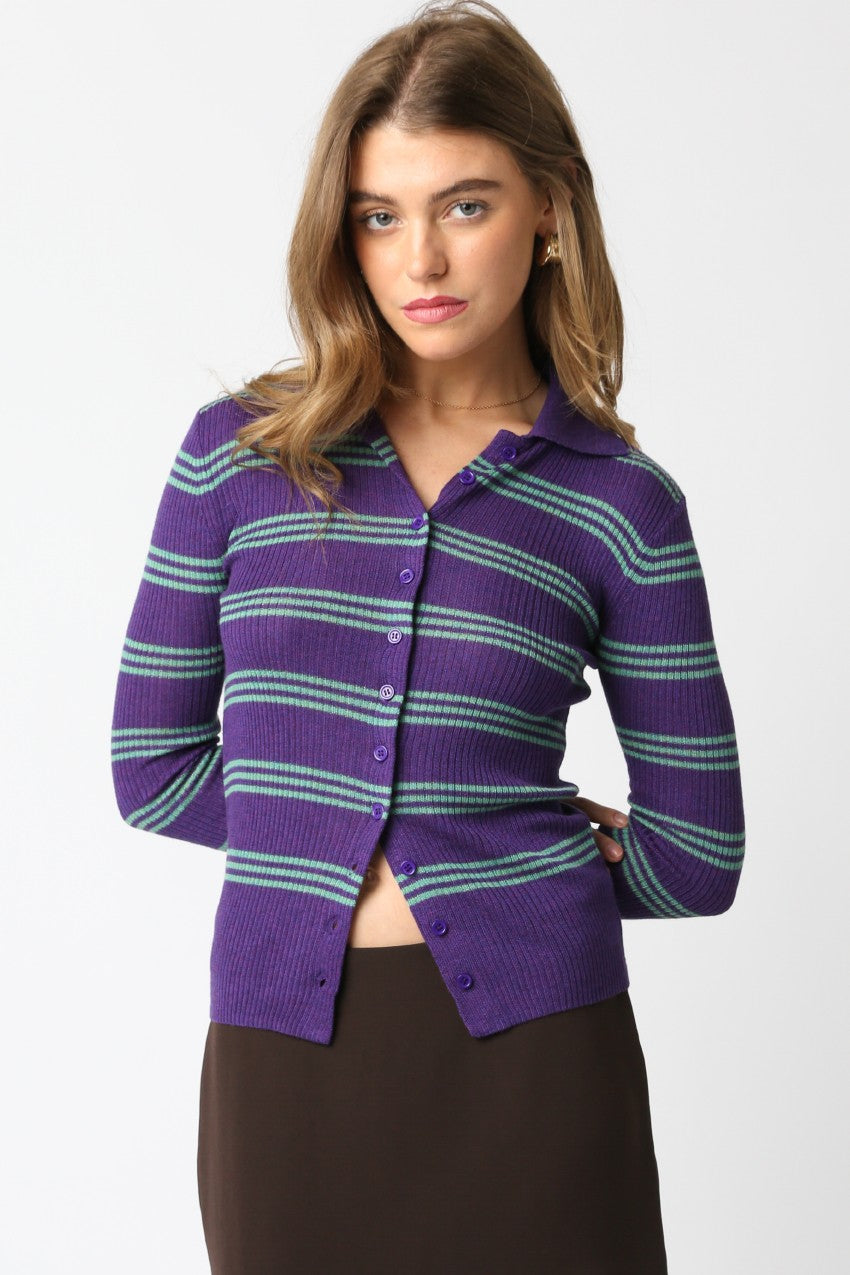 MERINO STRIPED COLLARED CARDI