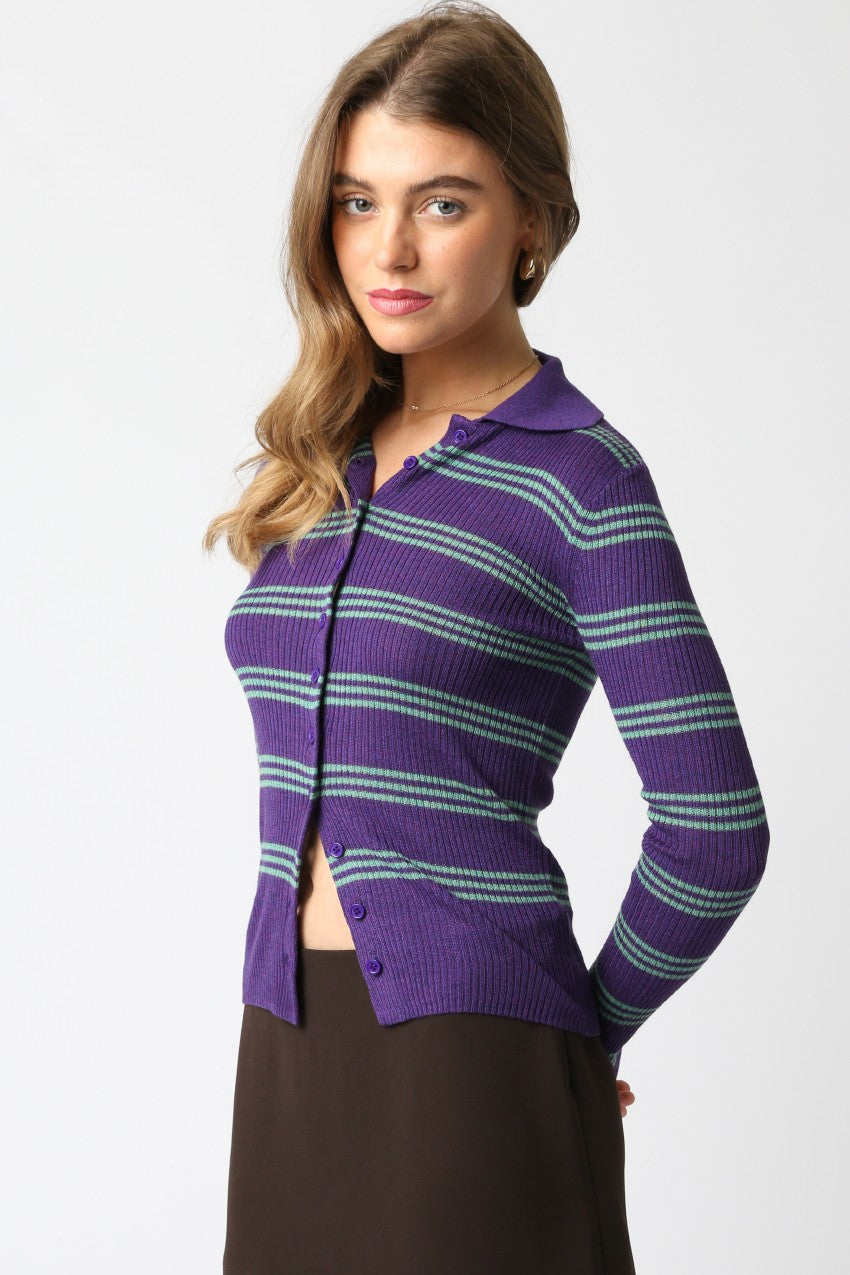 MERINO STRIPED COLLARED CARDI