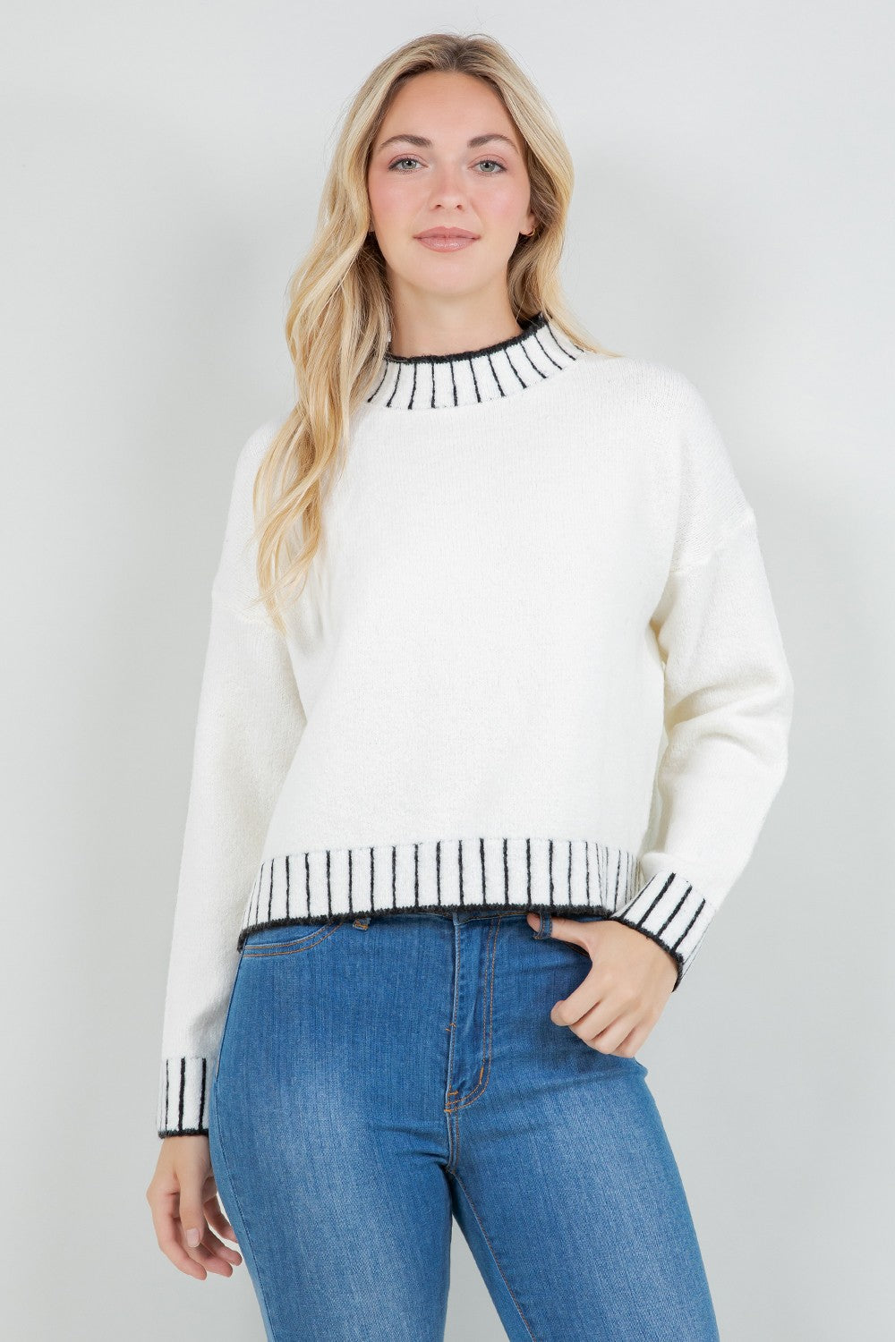 STRIPE CONTRAST TRIM MOCK NECK SWEATER