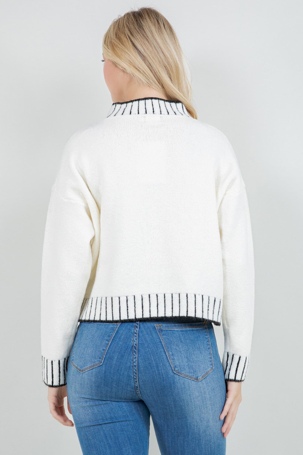 STRIPE CONTRAST TRIM MOCK NECK SWEATER