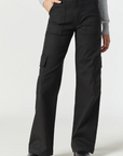 model wearing mavi jeans alva cargo pant in black luxe twill, from the waist down