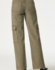 model wearing mavi jeans alva cargo pants in capers luxe twill, from the back