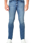 model wearing fidelity denim torino slim fit jean in tower blue, shown from the waist down