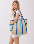 TRIMMED STRIPED STRAW TOTE BAG
