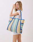 TRIMMED STRIPED STRAW TOTE BAG