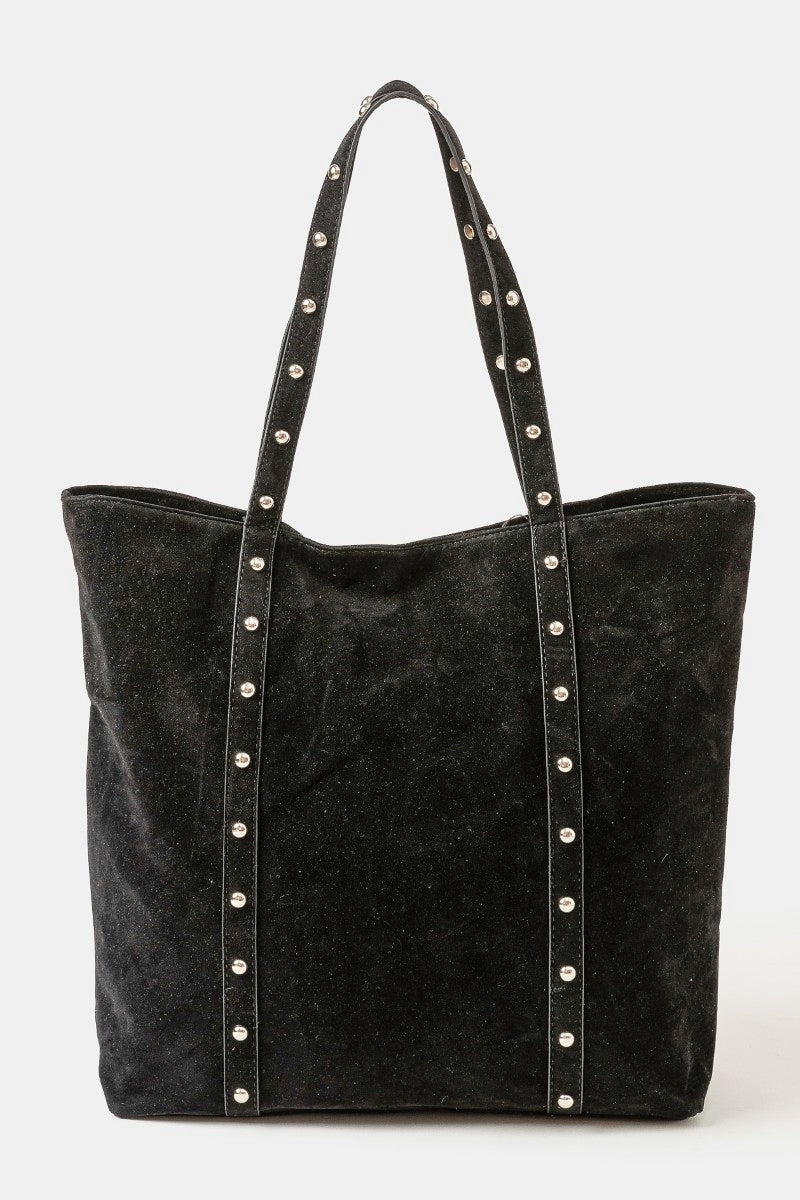 STUDDED STRAP FAUX SUEDE TOTE BAG