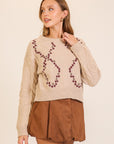 EMBROIDERED FLOWERS CABLE KNIT SWEATERS
