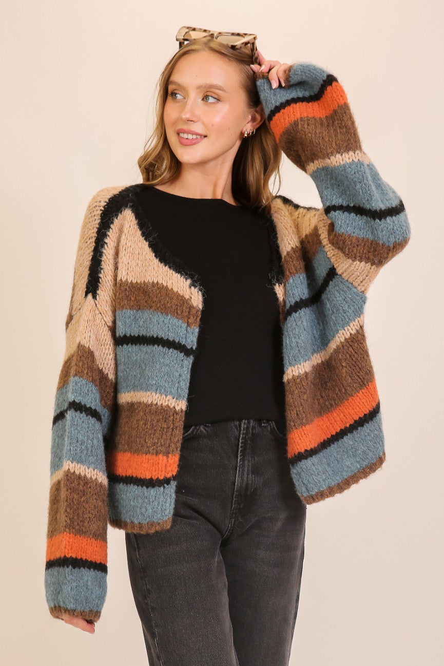 MIXED STRIPE OPEN CARDIGAN