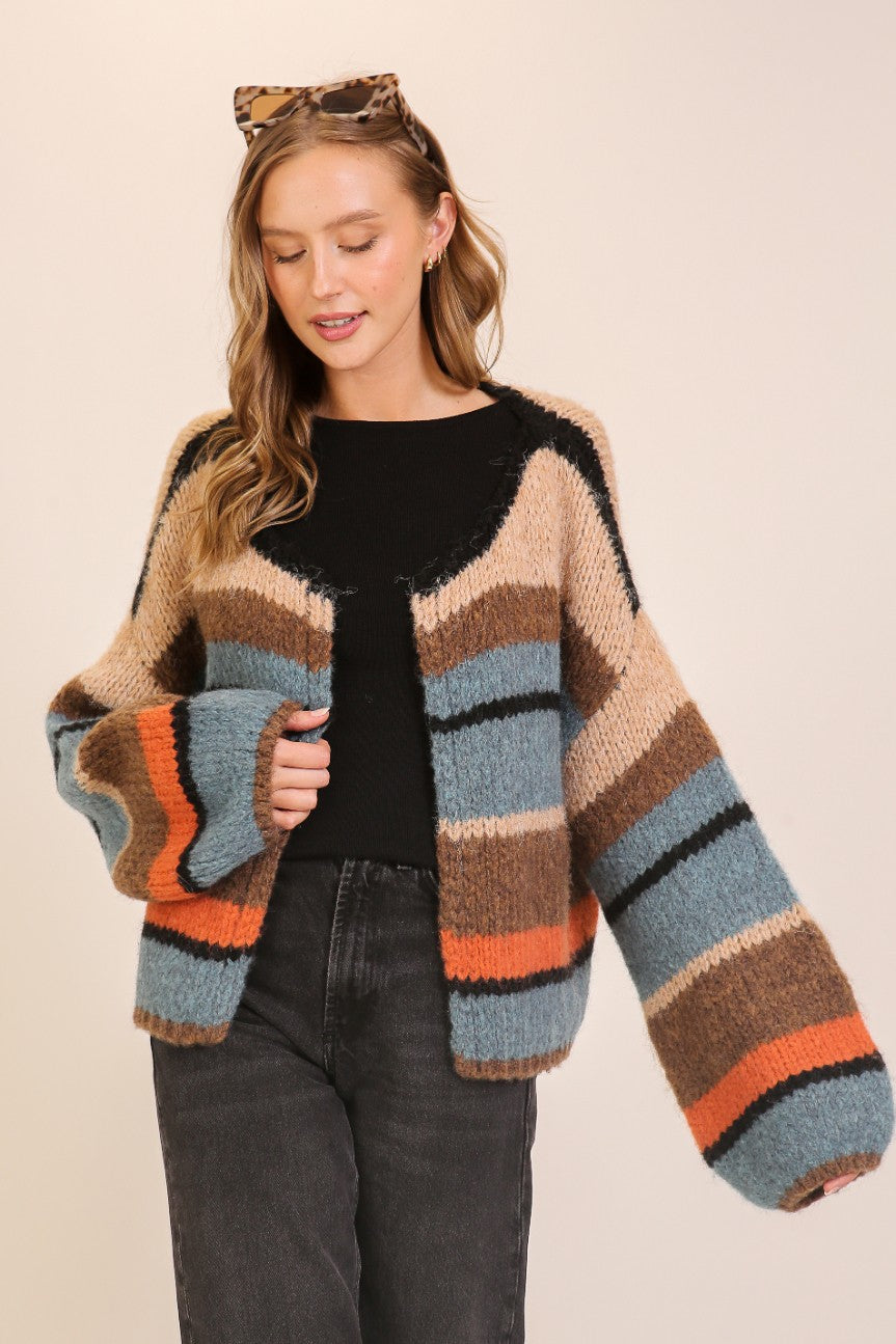 MIXED STRIPE OPEN CARDIGAN