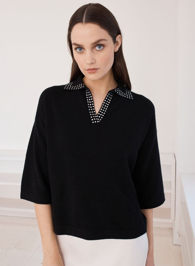 BOXY JOHNNY COLLAR WITH JEWEL TRIM