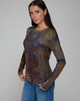 SHEER RUST PRINT RAW EDGE CREW NECK SWEATER
