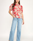 FLORAL & LACE PRINT TIE NECK PUFF SLEEVE BLOUSE