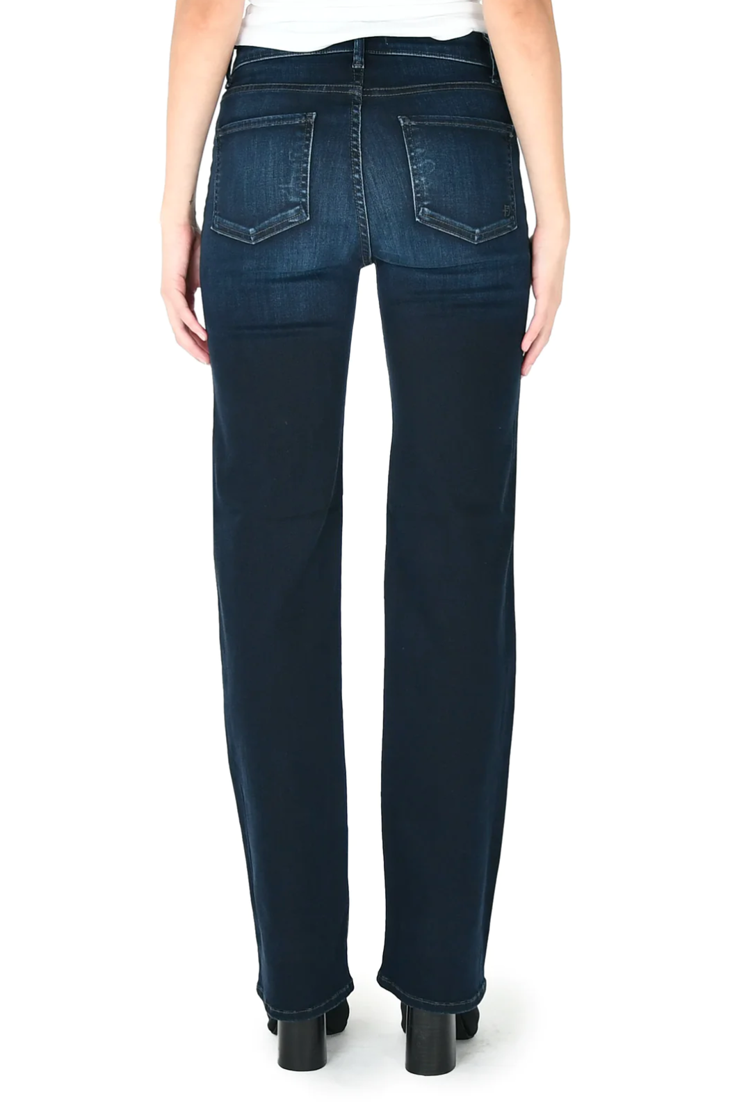 model wearing fidelity denim cali retro straight jean in madera blue, shown from the rear