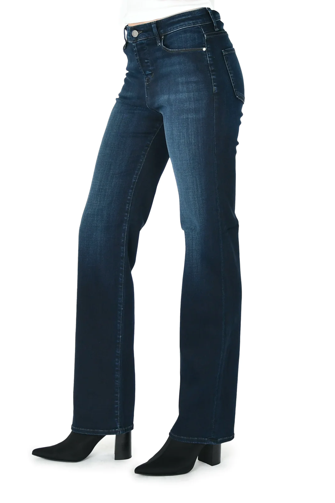 model wearing fidelity denim cali retro straight jean in madera blue, shown from the side