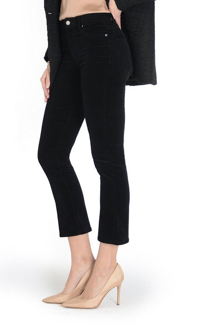 model wearing fidelity denim juniper crop flair in midnight baby corduroy black, shown from the side