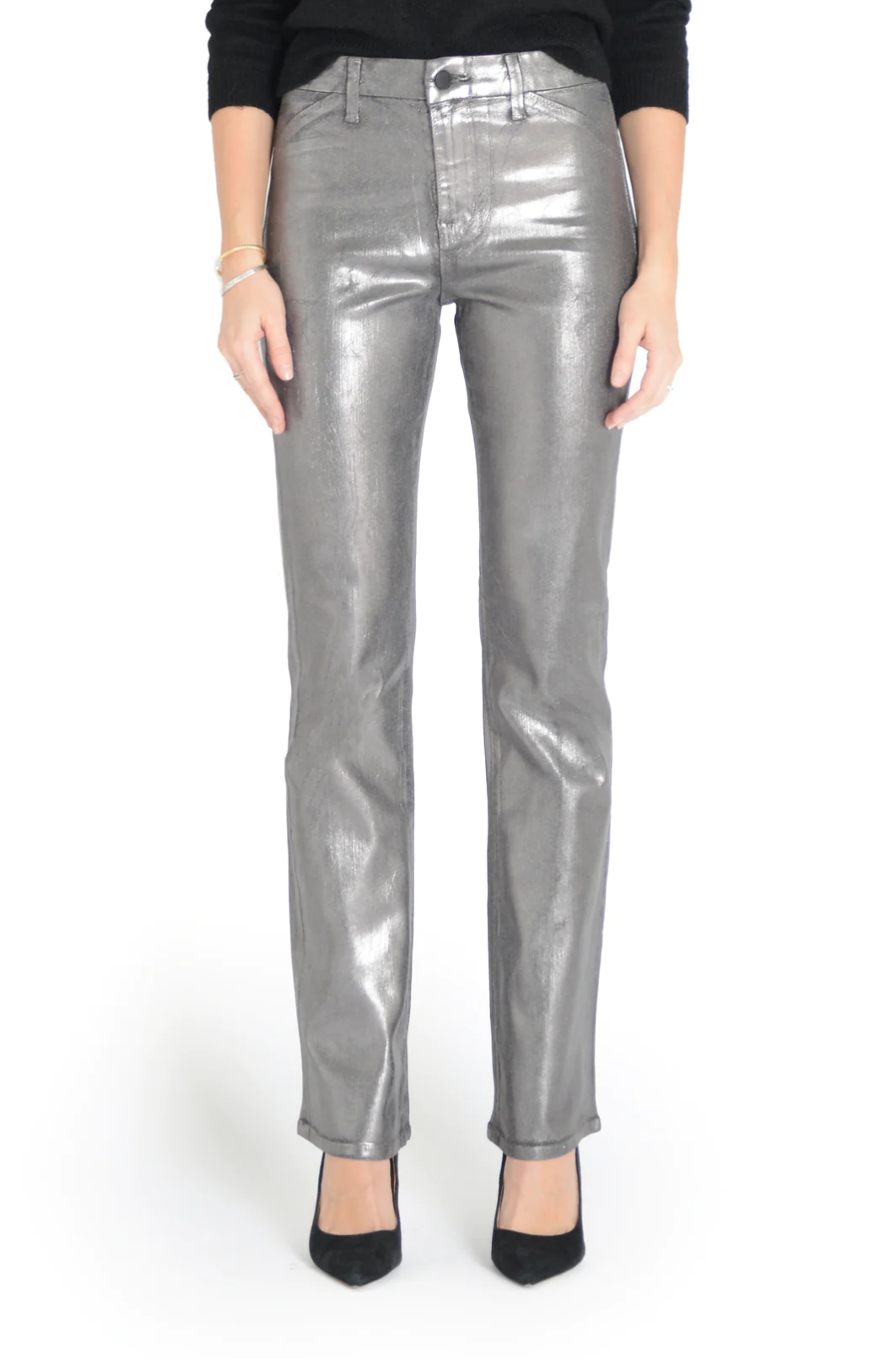 model wearing fidelity denim kora bootcut pant in silver gunmetal foil, shown from the waist down