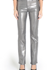 model wearing fidelity denim kora bootcut pant in silver gunmetal foil, shown from the waist down