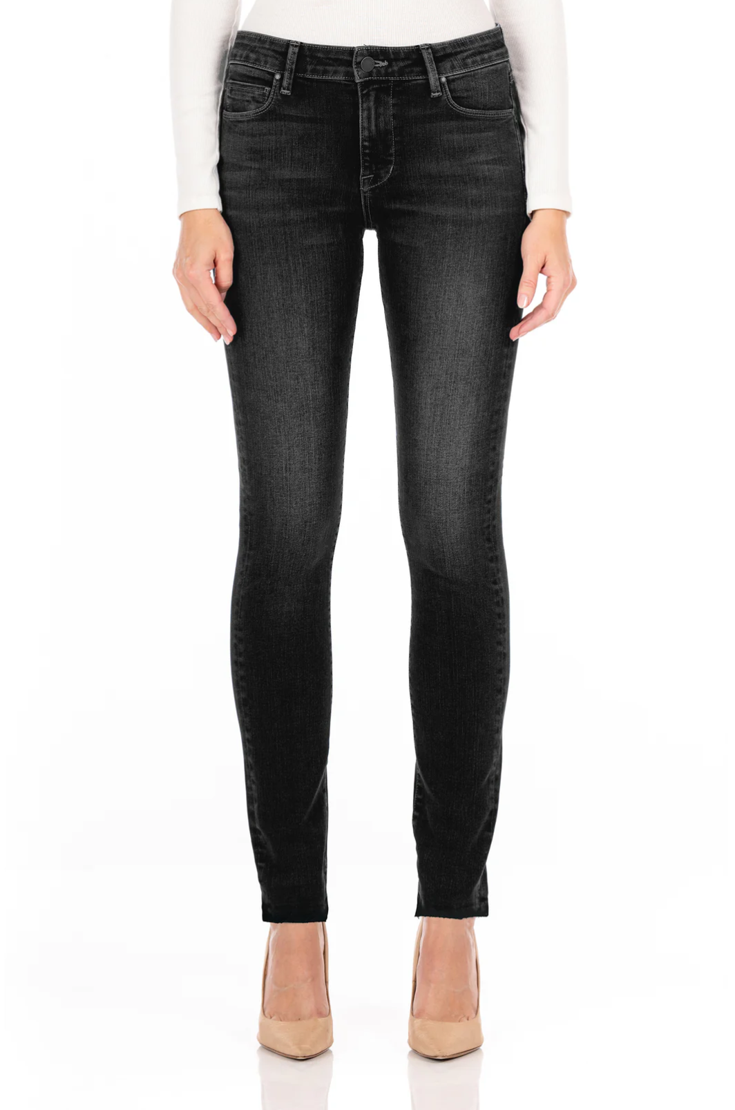 model wearing fidelity denim stevie mid rise slim jean in nassuno grey, shown from the waist down