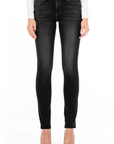 model wearing fidelity denim stevie mid rise slim jean in nassuno grey, shown from the waist down