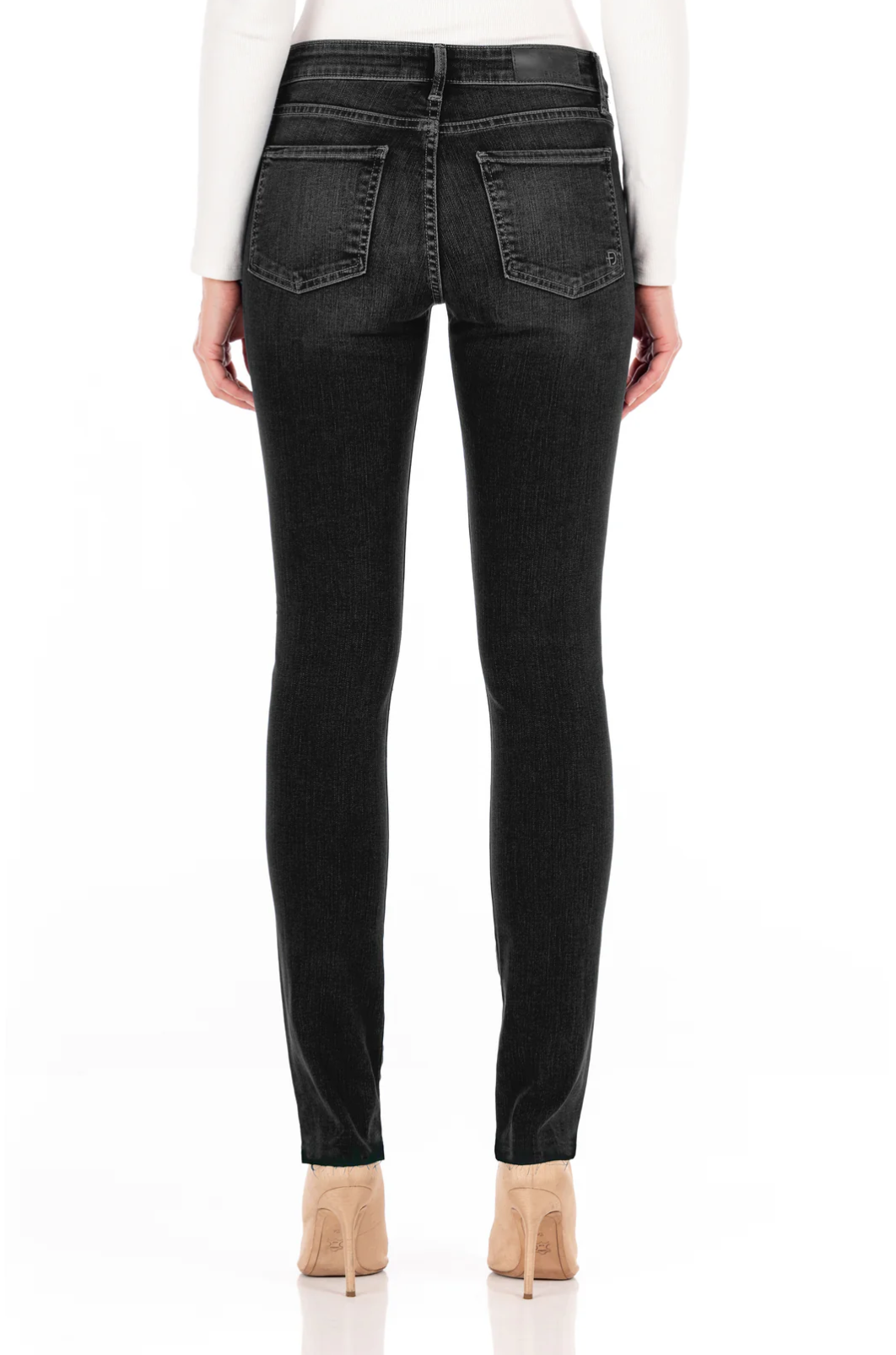 model wearing fidelity denim stevie mid rise slim jean in nassuno grey, shown from the rear