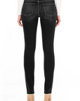 model wearing fidelity denim stevie mid rise slim jean in nassuno grey, shown from the rear