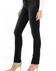 model wearing fidelity denim stevie mid rise slim jean in nassuno grey, shown from the side