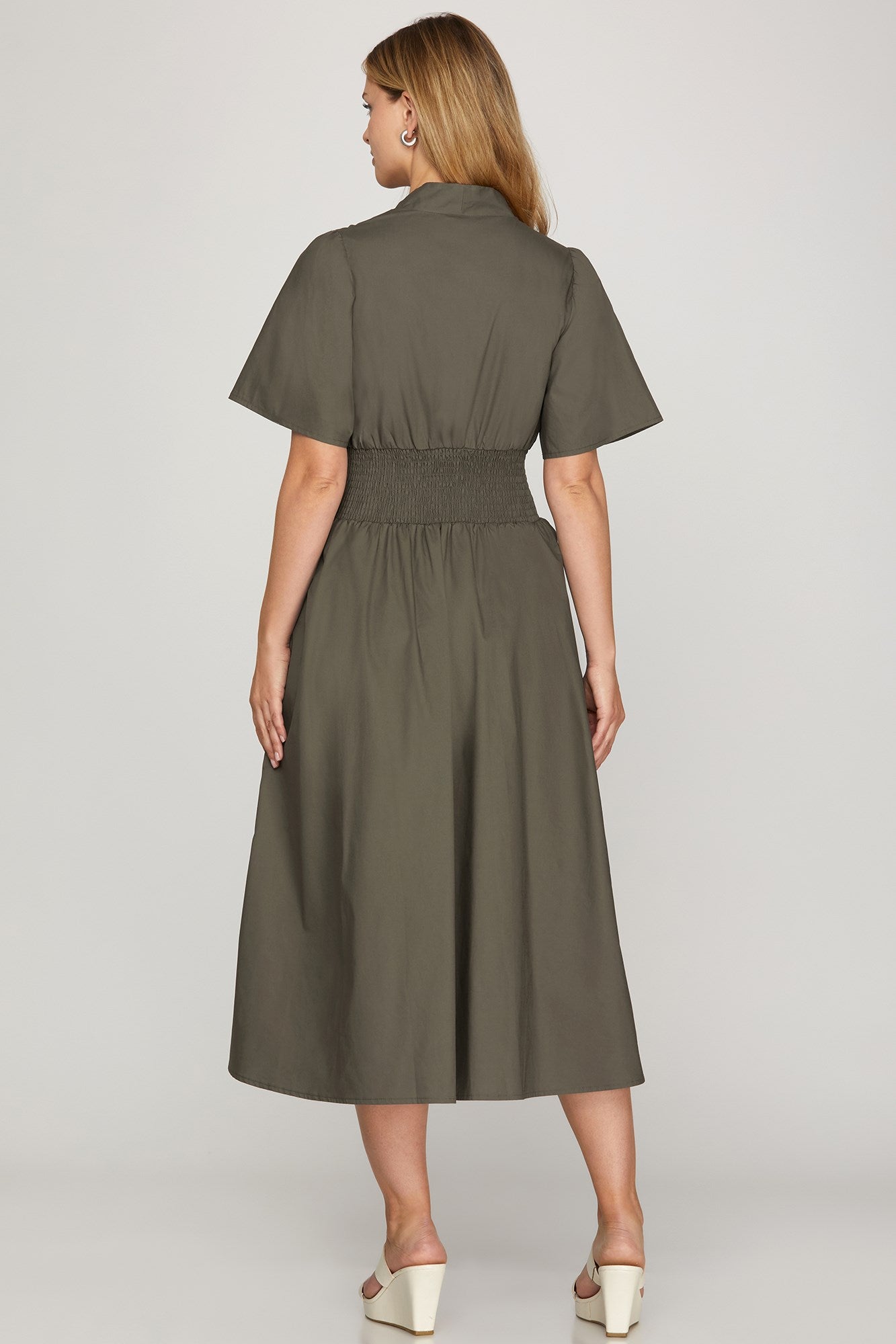 SMOCKED WAIST SHORT SLEEVE ZIP DRESS