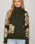 FLORAL PRINT 1/2 ZIP SWEATER