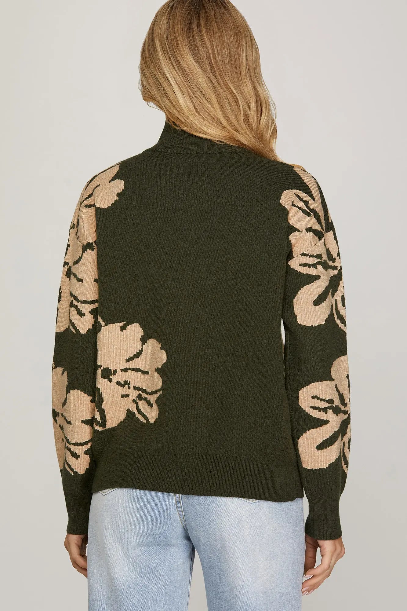 FLORAL PRINT 1/2 ZIP SWEATER