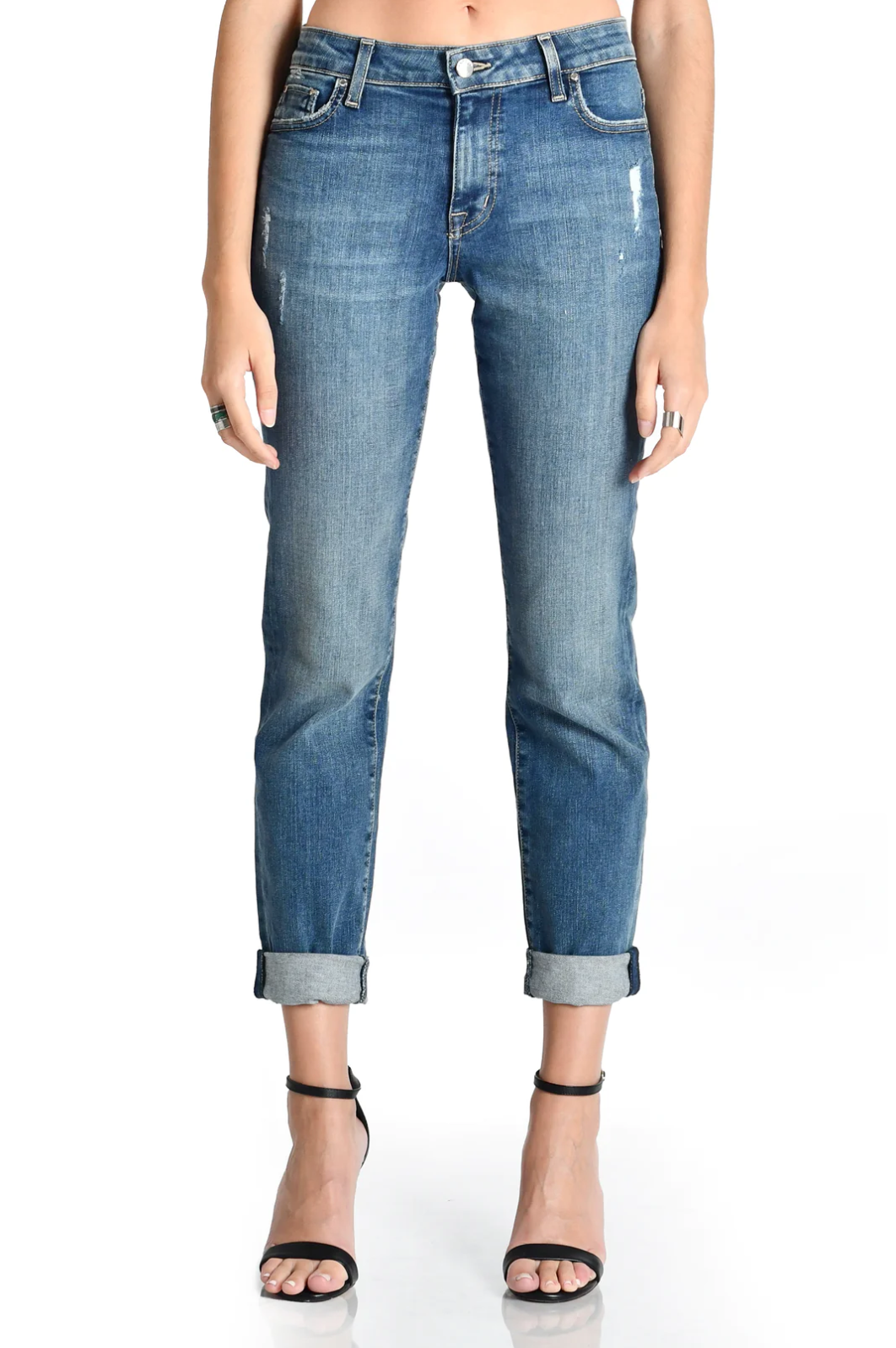 model wearing fidelity denim axl girlfriend fit jean in mao blue, shown from the waist down