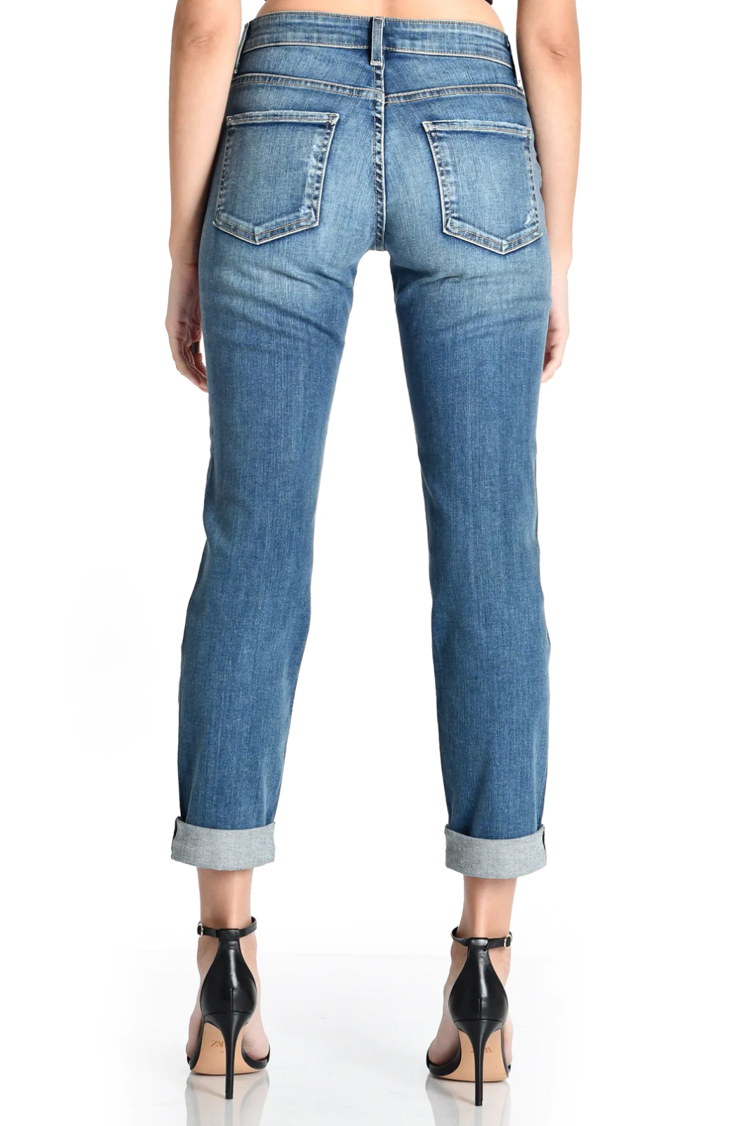 model wearing fidelity denim axl girlfriend fit jean in mao blue, shown from the rear