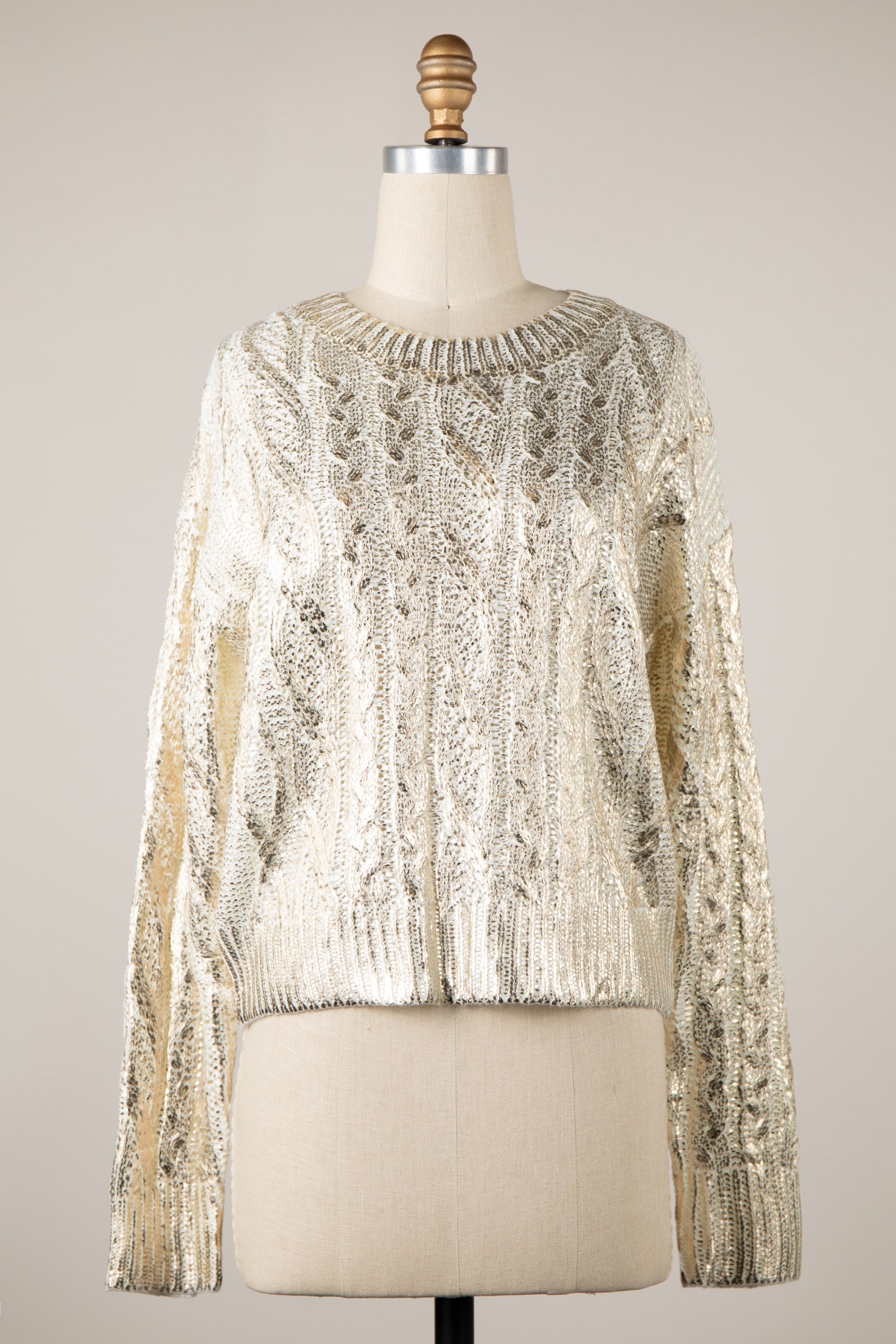 METALLIC CABLE KNIT SWEATER