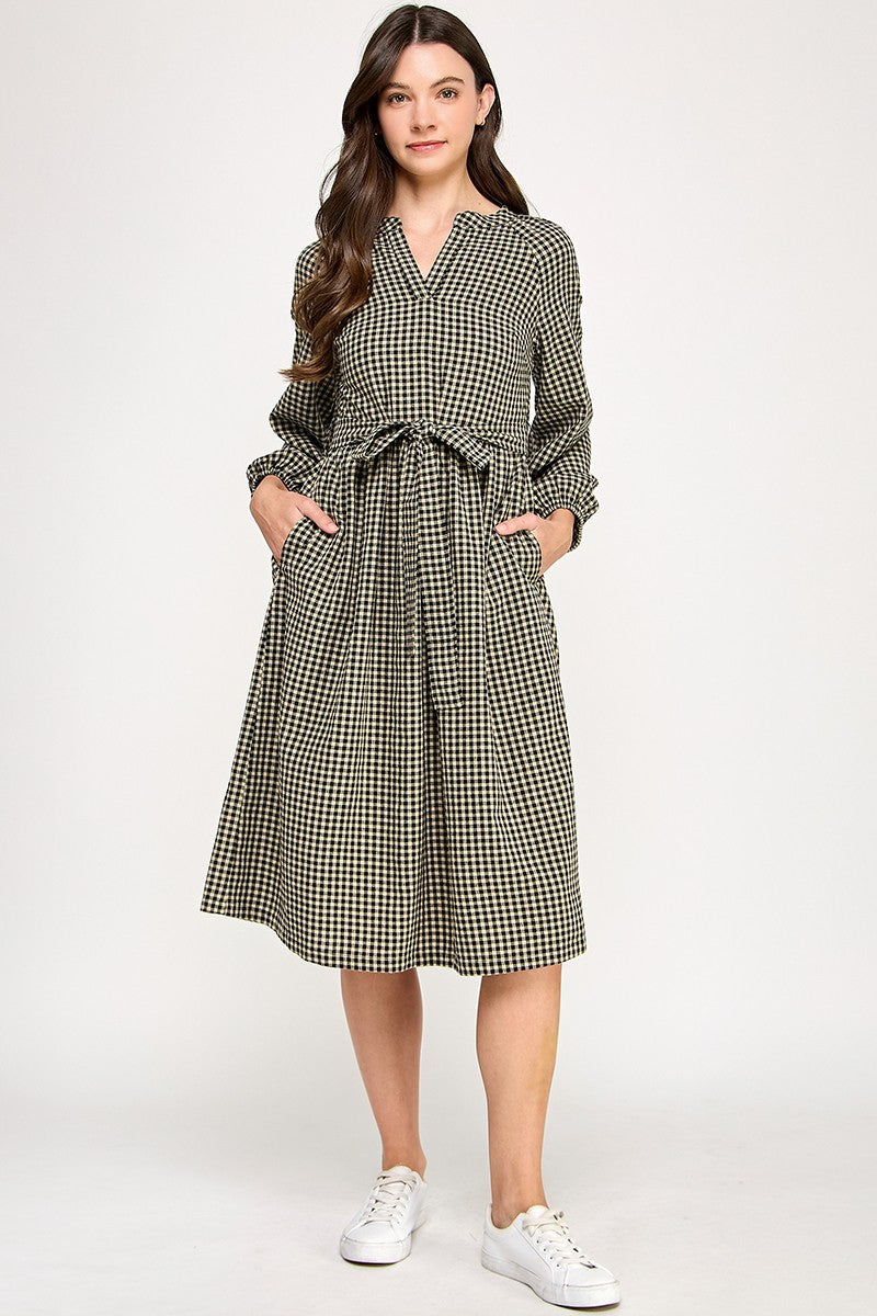 SPLIT NECK GINGHAM DRESS