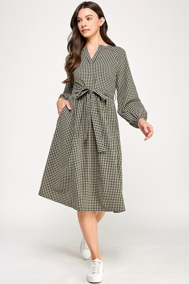 SPLIT NECK GINGHAM DRESS