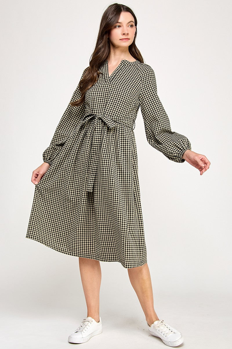 SPLIT NECK GINGHAM DRESS