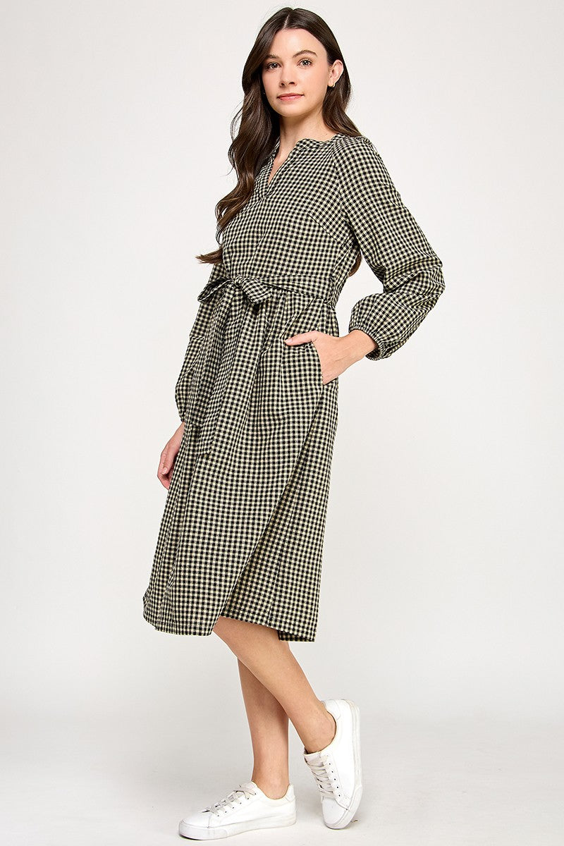 SPLIT NECK GINGHAM DRESS