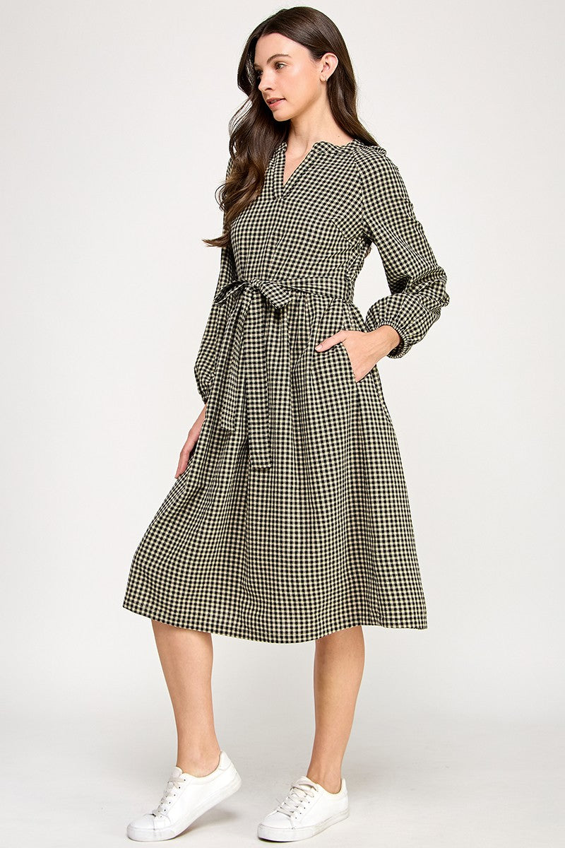 SPLIT NECK GINGHAM DRESS