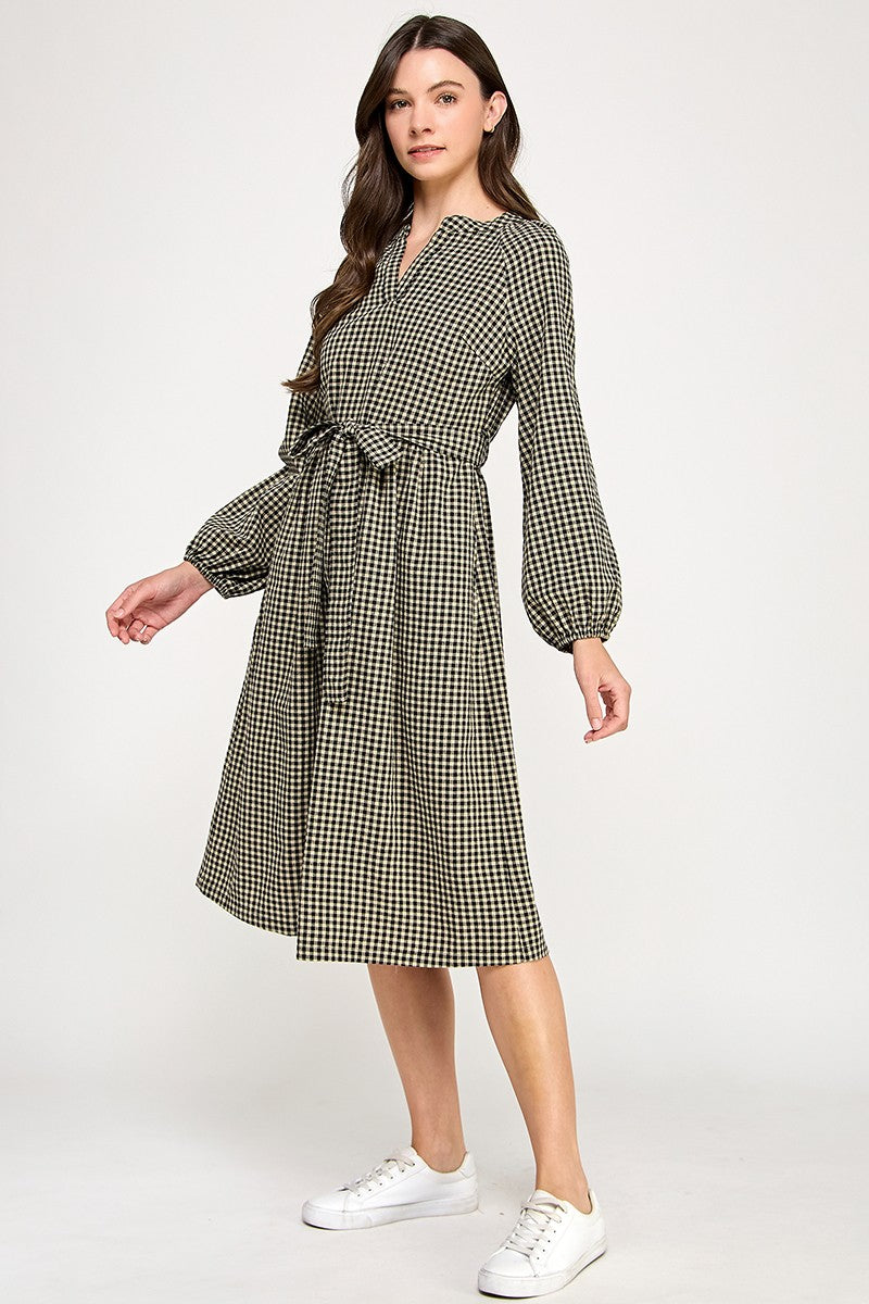 SPLIT NECK GINGHAM DRESS