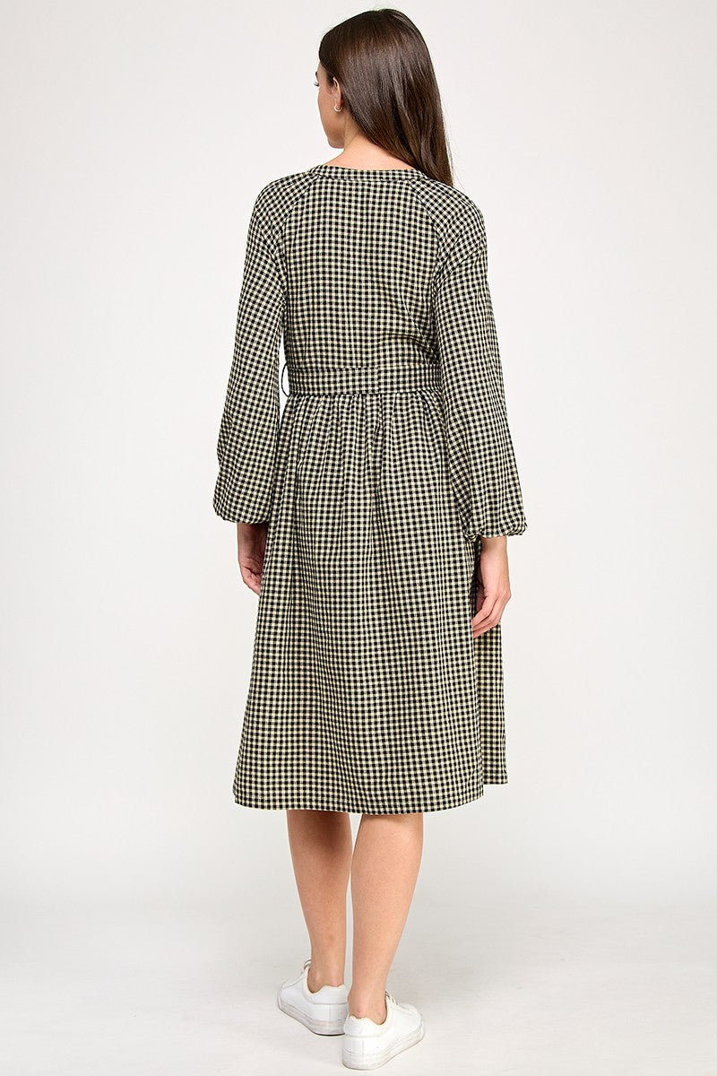 SPLIT NECK GINGHAM DRESS