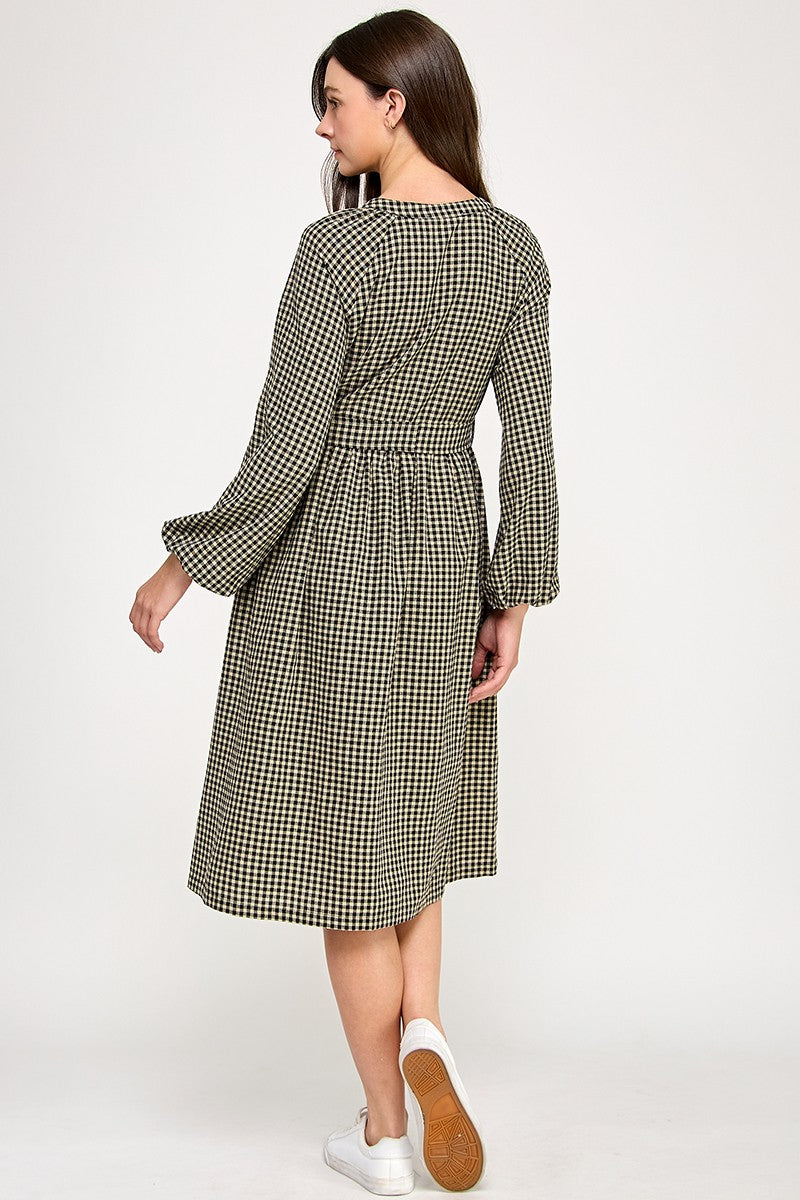 SPLIT NECK GINGHAM DRESS