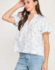 SKETCHED FLORAL SPLIT NECK PUFF SLEEVE BLOUSE