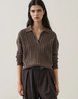 SUPERFINE WOOL CABLE RELAXED POLO SWEATER